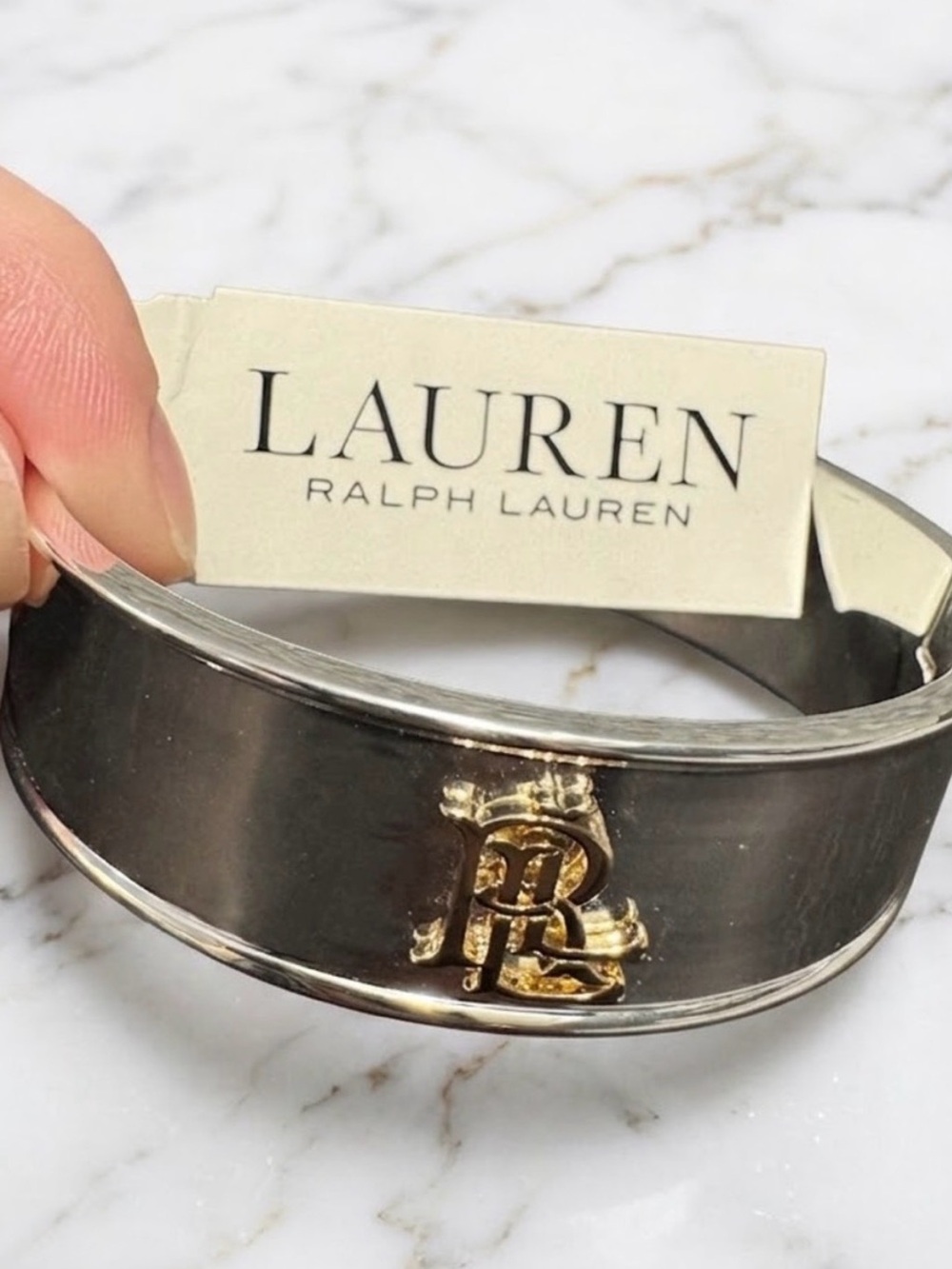 Lauren Ralph Lauren Two Tone Large Logo Bangle Bracelet